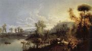 Manuel Barron Y Carrillo, River Landscape with Figures and Cattle
